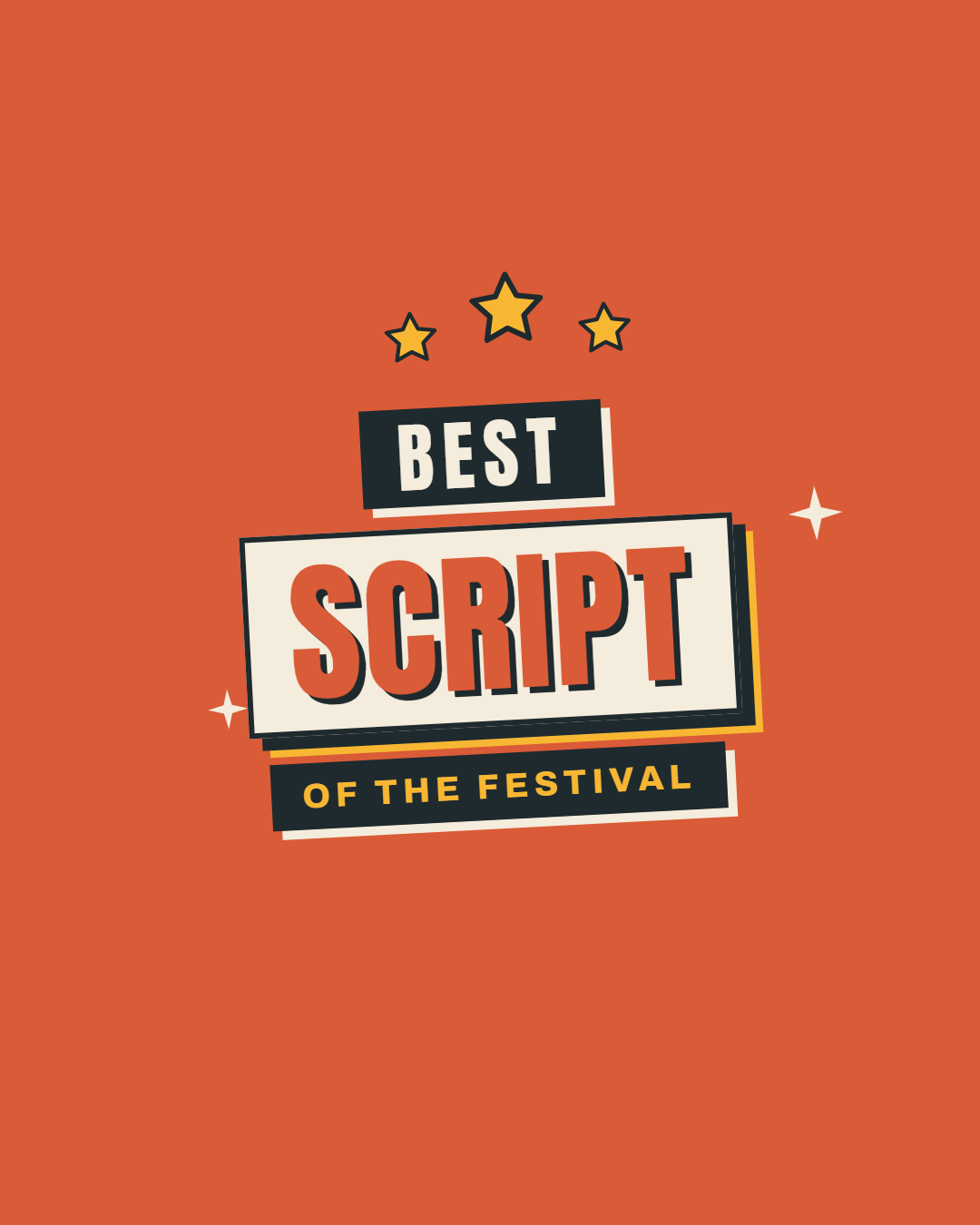 Graphic design for a festival, featuring text that says "Best Script of the Festival" with stars and decorative elements on an orange background.