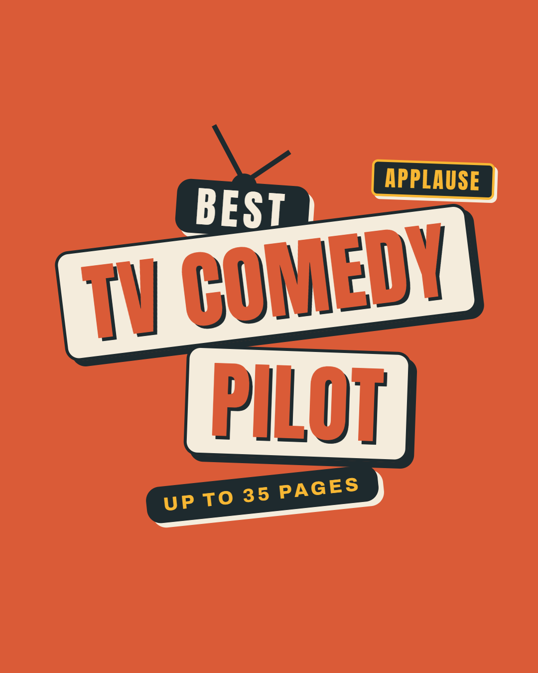 Graphic promoting a book titled "Best TV Comedy Pilot," highlighting it as humorous and offering up to 35 pages, with a retro TV illustration and various texts.