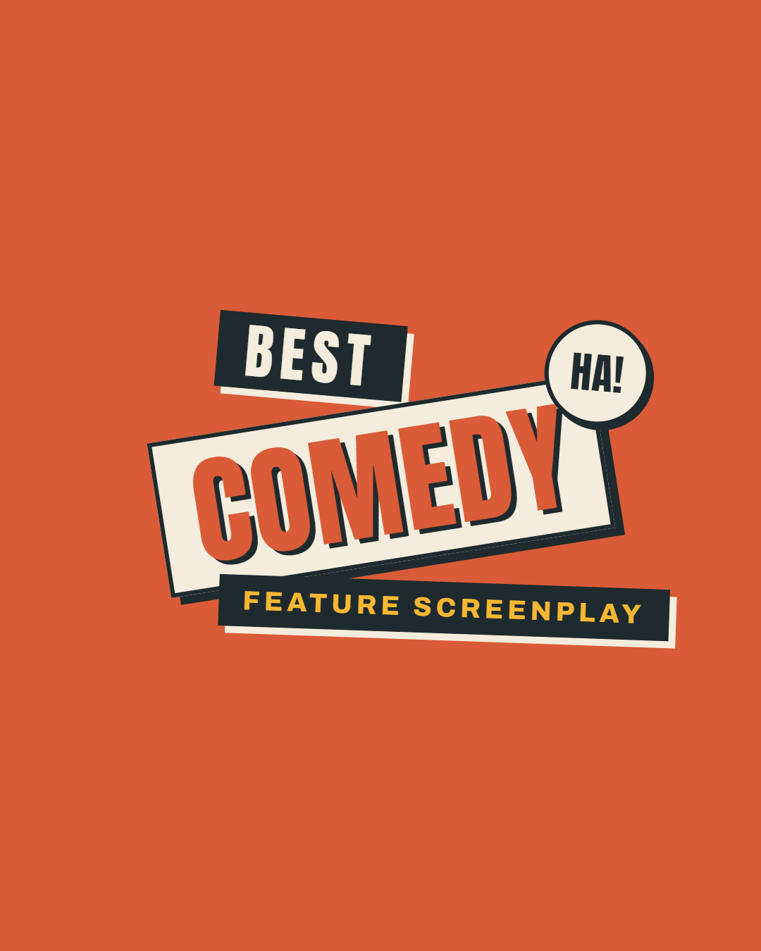 Poster with the text 'Best Comedy Featuring Screenplay' in bold letters on a red-orange background.