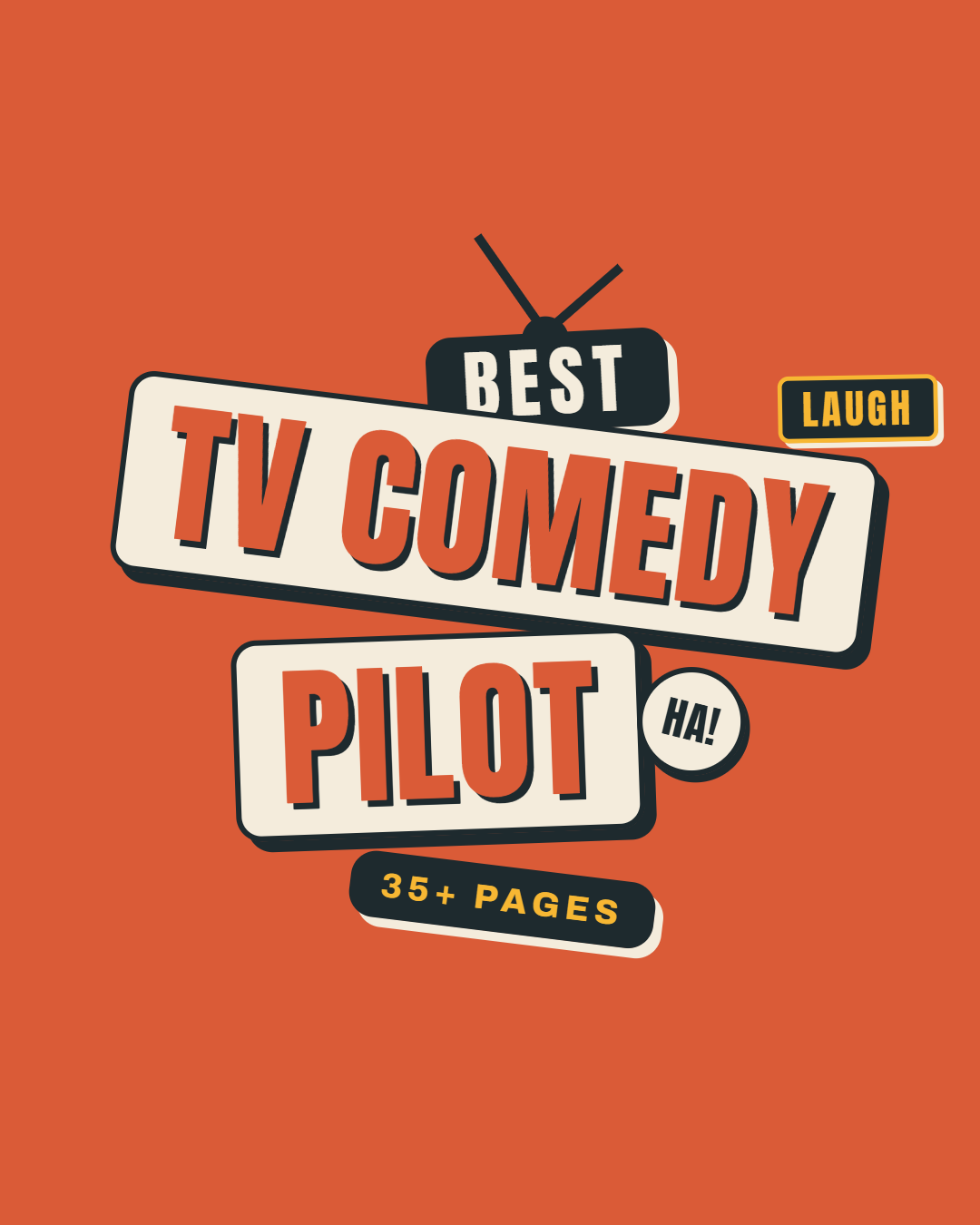 Book cover titled "Best TV Comedy Pilot" featuring a cartoon-style retro TV with antenna, on an orange background, with labels saying "Laugh," "Ha!", and "35+ pages."