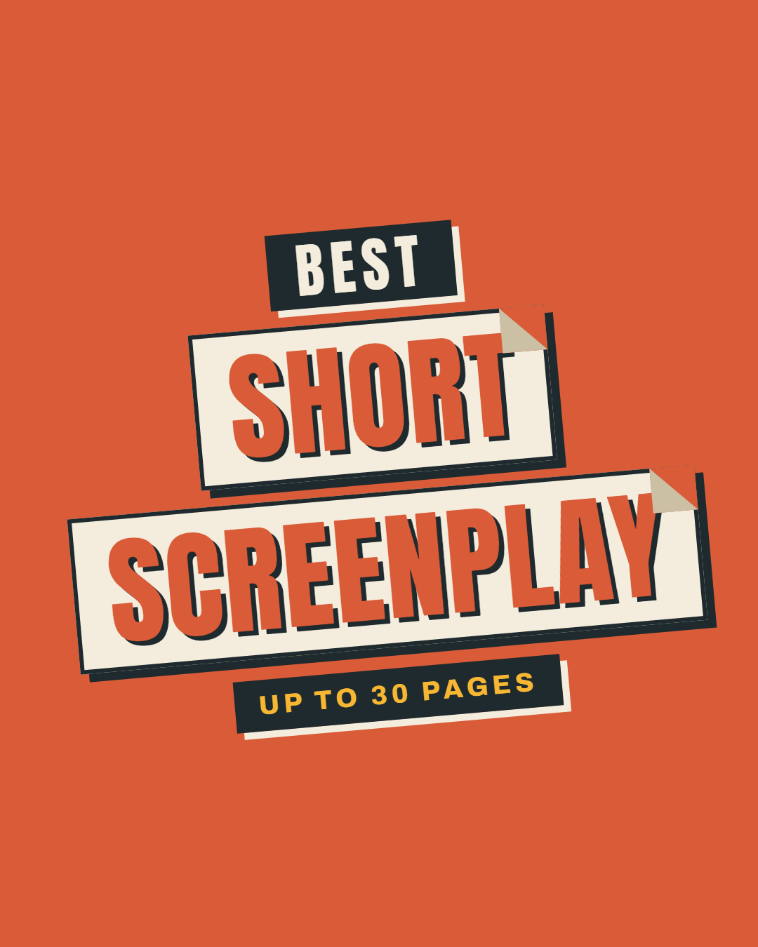 Cover page of a book titled "Best Short Screenplay Up to 30 Pages" with a red-orange background and black, white, and orange text.