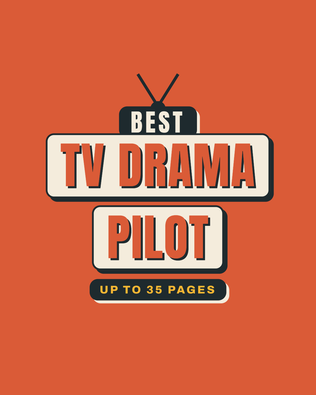 A graphic advertisement for a book titled 'Best TV Drama Pilot' with a subtitle indicating it covers up to 35 pages, featuring a retro television set at the top.
