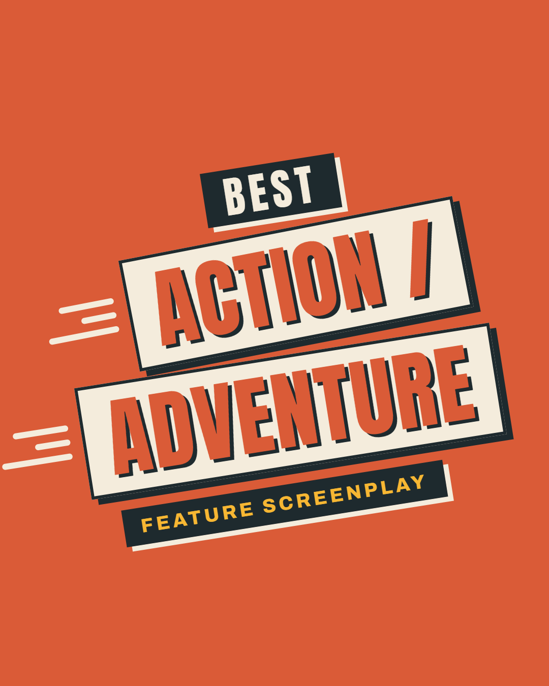 Poster with orange background advertising 'Best Action/Adventure Feature Screenplay' in bold letters.