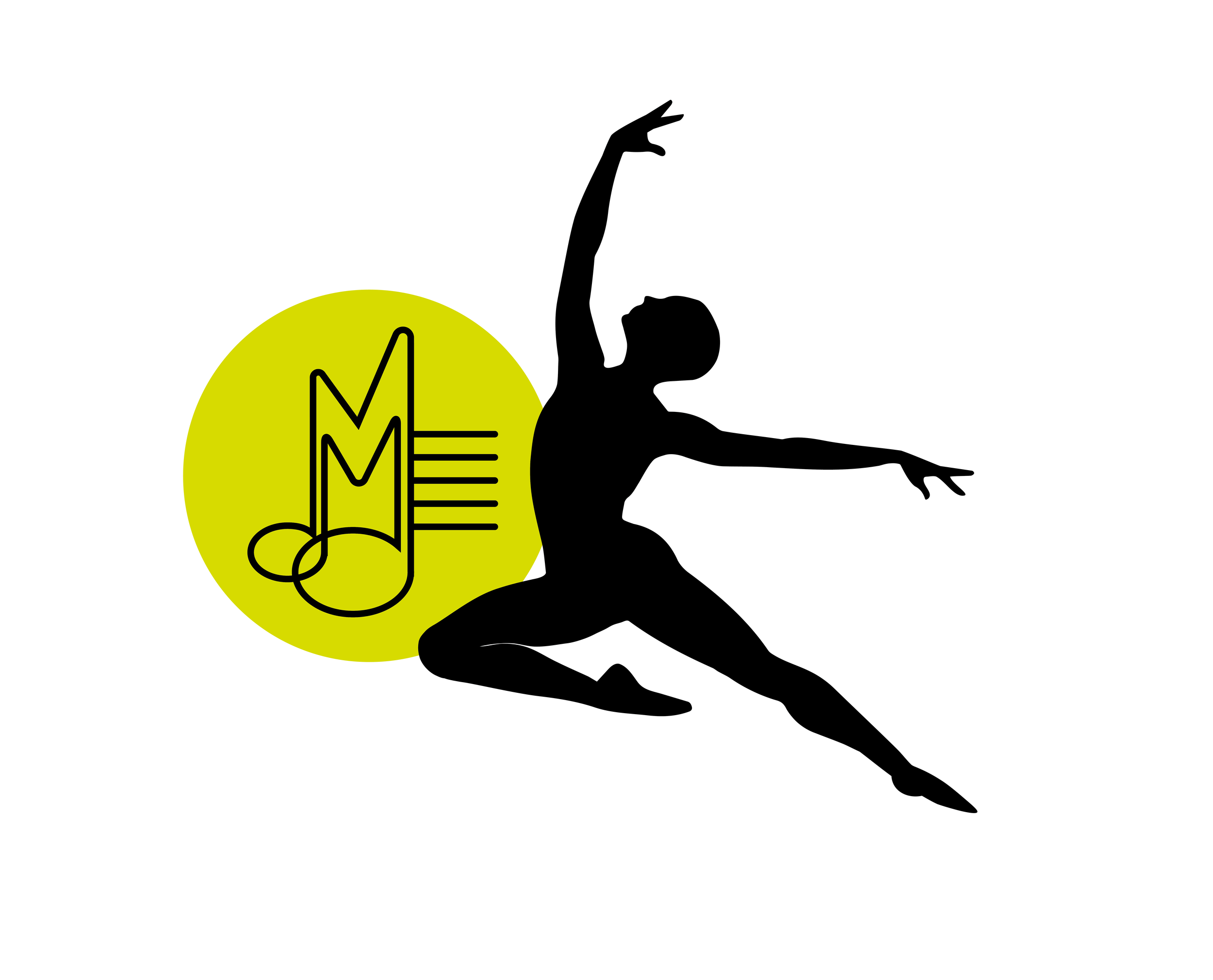 Illustration d’une danseuse en silhouette effectuant une arabesque, avec une note de musique et un graphique de mesure en arrière-plan.