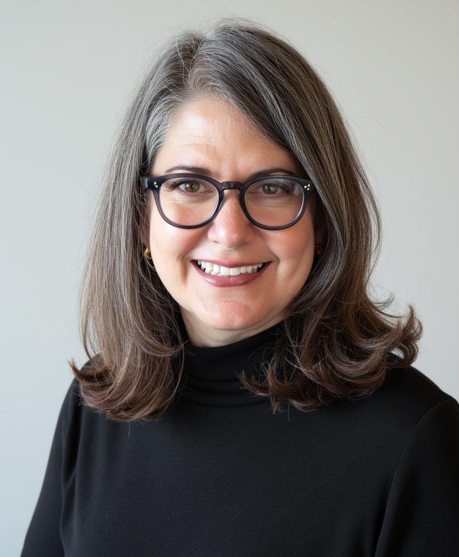 A woman with shoulder-length gray hair, wearing glasses and a black turtleneck, smiling at the camera.