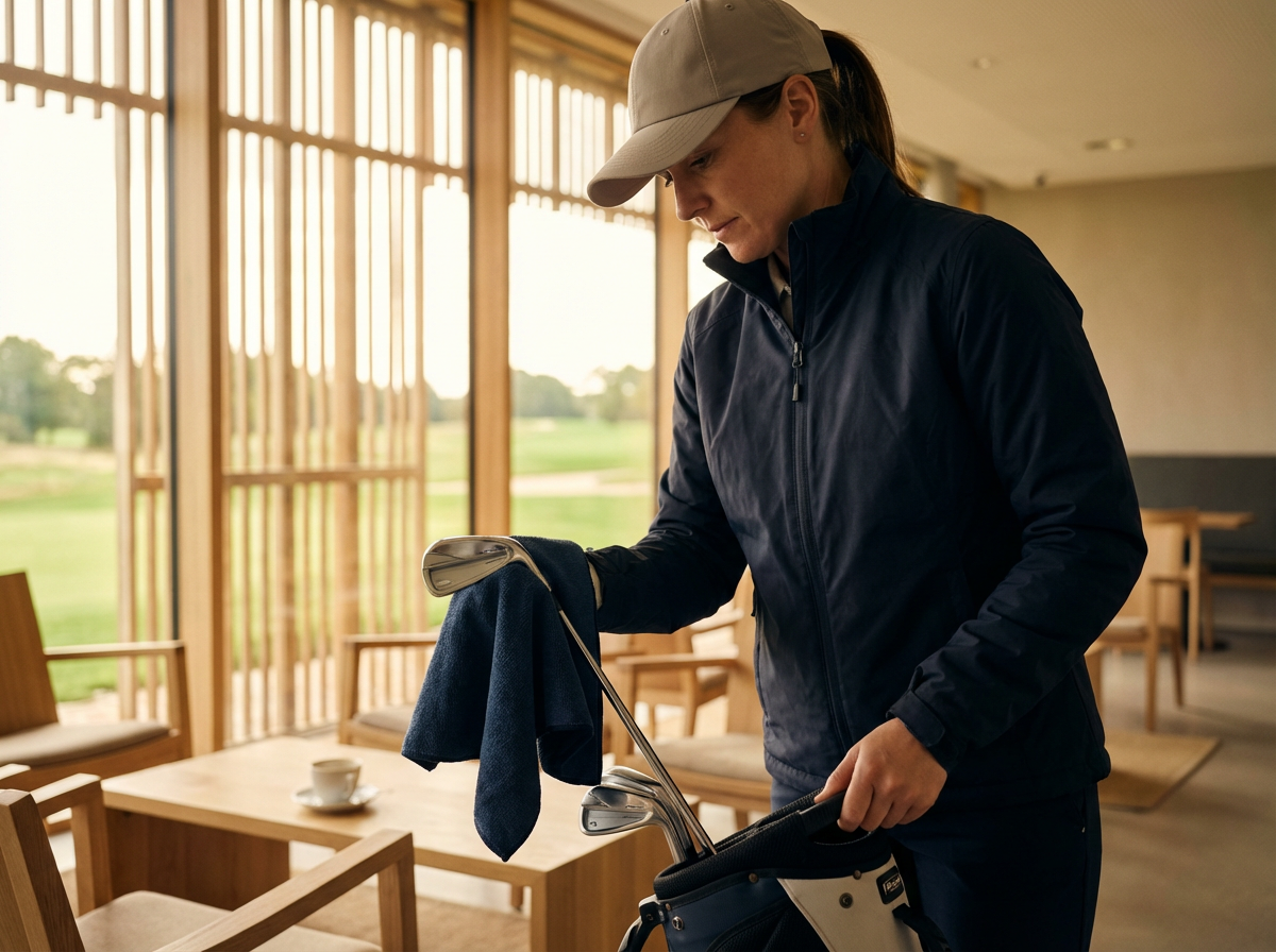 A woman dressed in golf attire, including a cap and jacket, prepares her golf clubs inside a bright indoor space with large windows overlooking a golf course.