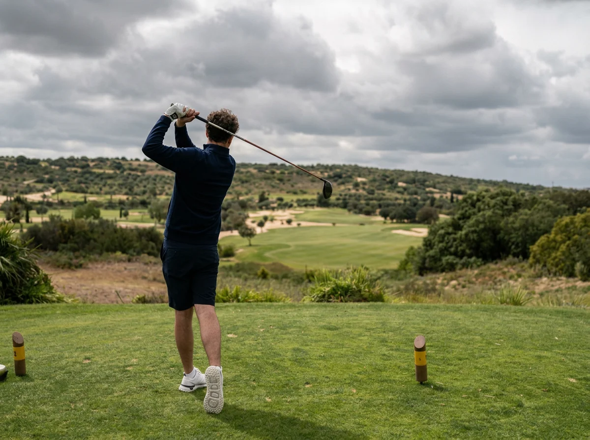 A man playing golf on a golf course under cloudy skies, swinging a club.