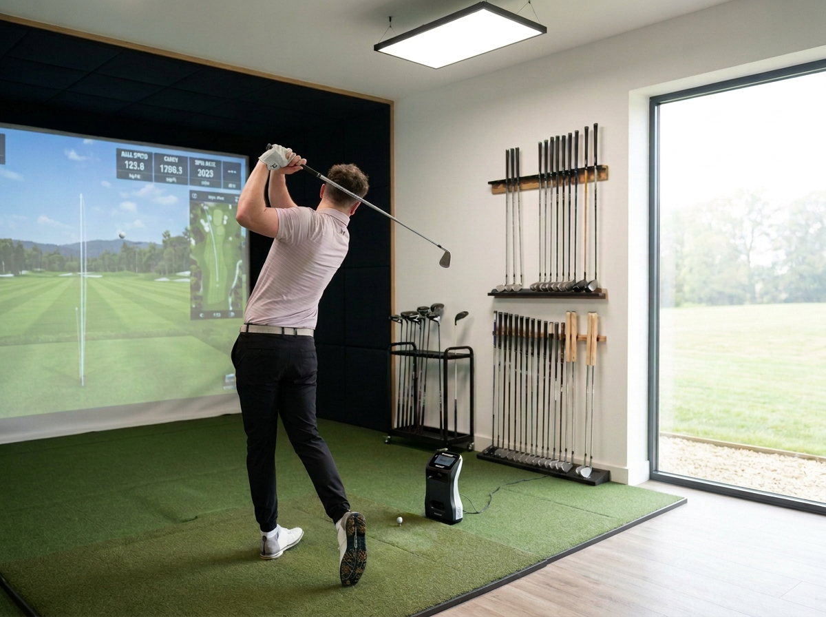 Man practicing golf swings indoors on a simulated golf course screen with golf clubs mounted on the wall nearby.