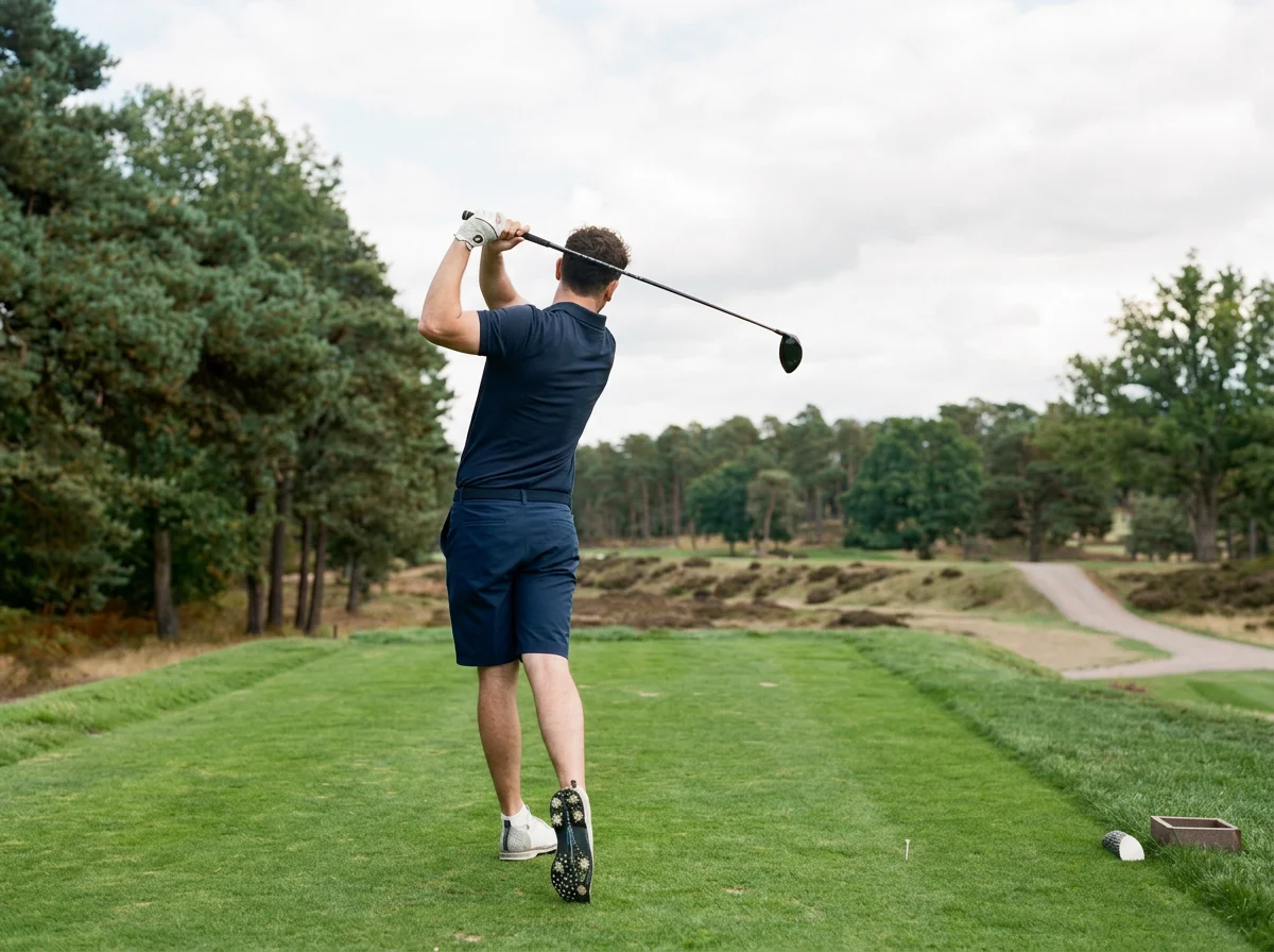 Man playing golf on a golf course, swinging a club during daytime, with trees and a cloudy sky in the background.