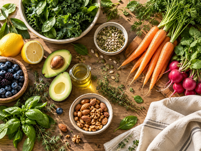 Overhead view of fresh vegetables, leafy greens, carrots, radishes, avocado, berries, nuts, seeds, herbs, lemon, and olive oil on a rustic wooden table
