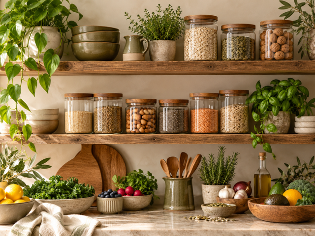 Rustic kitchen shelves with glass jars of grains and legumes, potted herbs, wooden utensils, fresh produce, and olive oil.