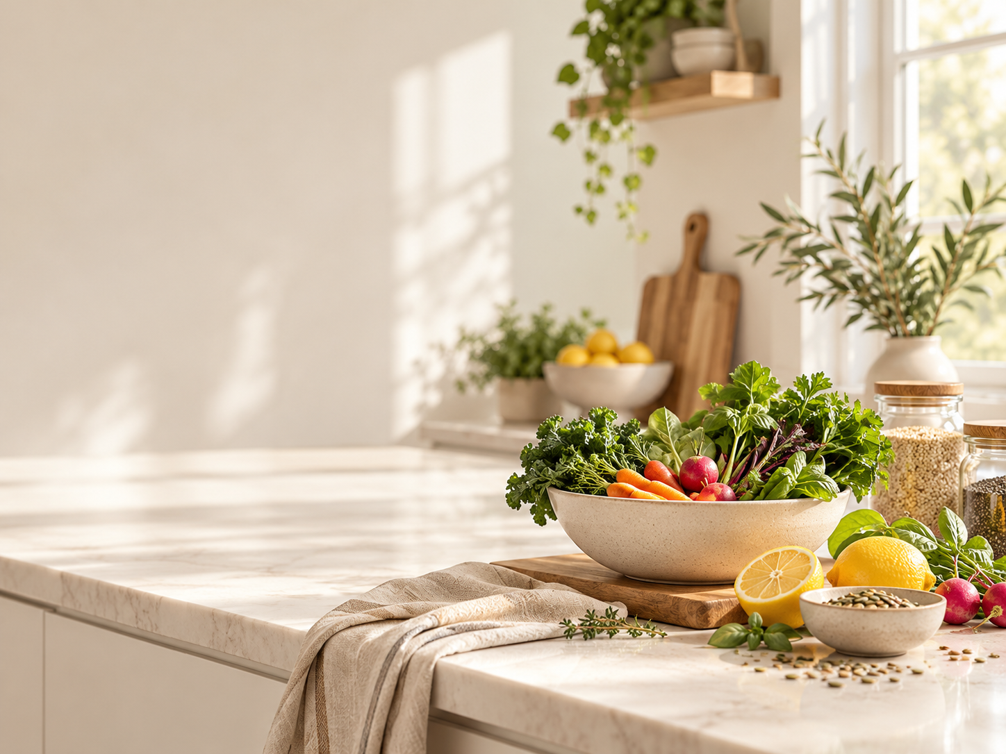 Bright sunlit kitchen counter with a bowl of fresh vegetables, lemons, herbs, grains, cutting board, and potted plants