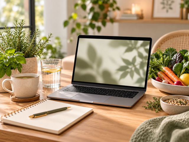 Laptop, notebook, coffee, water glass, houseplants, fresh vegetables, and bowl on a sunlit wooden table
