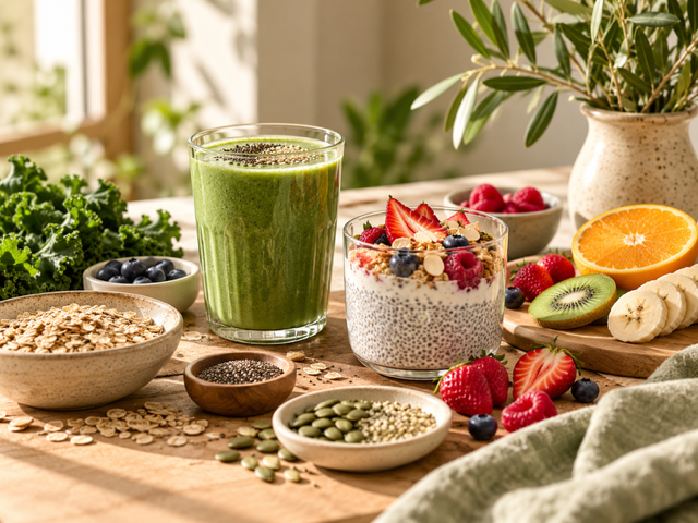 Healthy breakfast spread with green smoothie, chia pudding topped with berries, oats, seeds, kale, citrus, kiwi, and banana