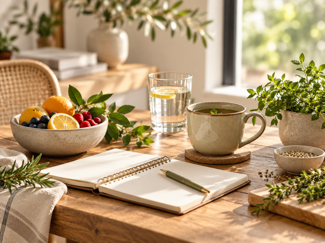Sunlit wooden table with a spiral notebook, pen, tea mug, water glass, fruit bowl, and potted herbs by a window