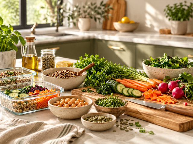 Healthy meal-prep ingredients on a kitchen counter, including vegetables, grains, chickpeas, seeds, herbs, and salad greens.