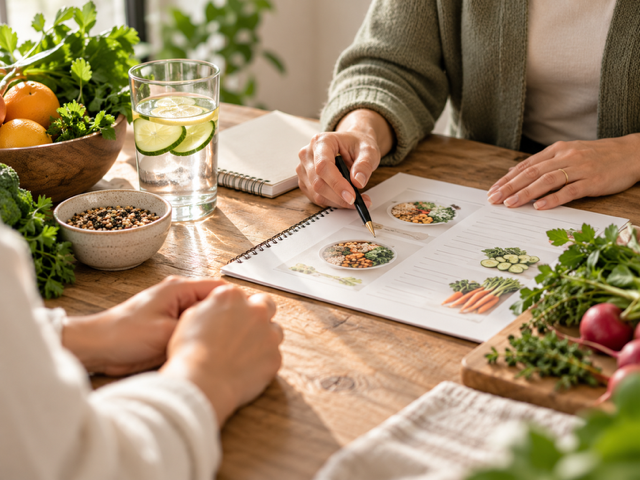 People reviewing a healthy meal plan at a kitchen table with fresh vegetables, fruit, grains, and lemon water