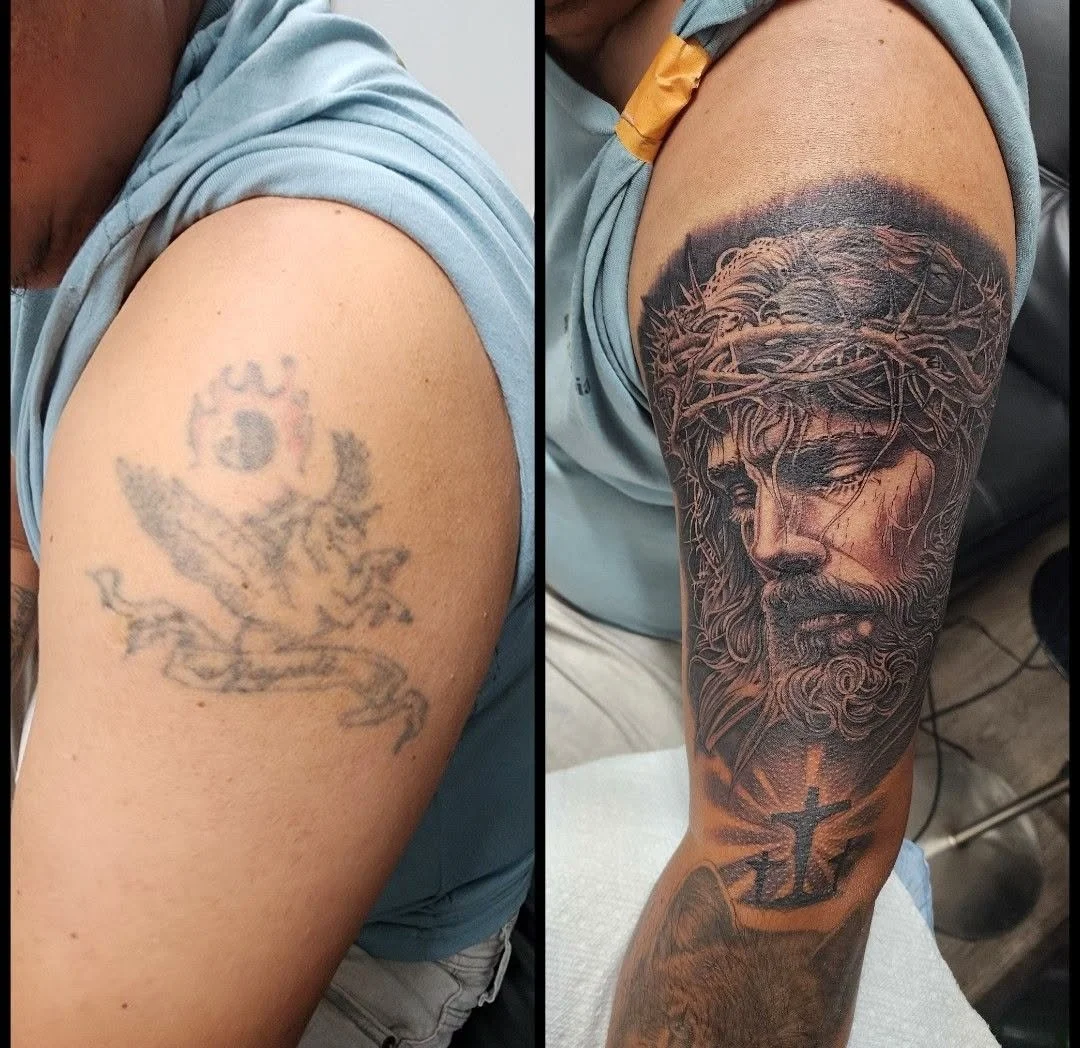 Miguel · Jesus portrait cover-up · Before and after