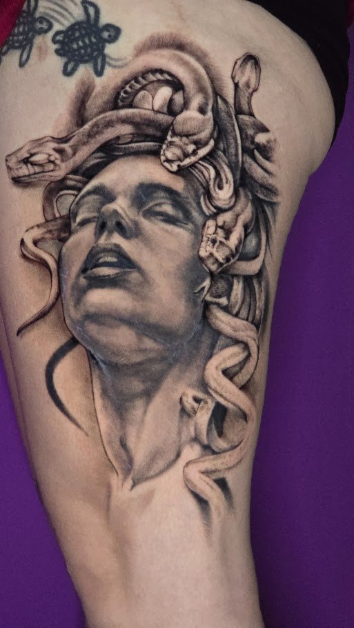 Black-and-grey Medusa portrait by Billy