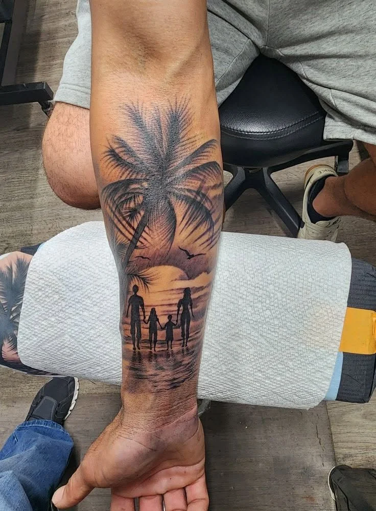 Palm-tree sunset and family scene by Miguel