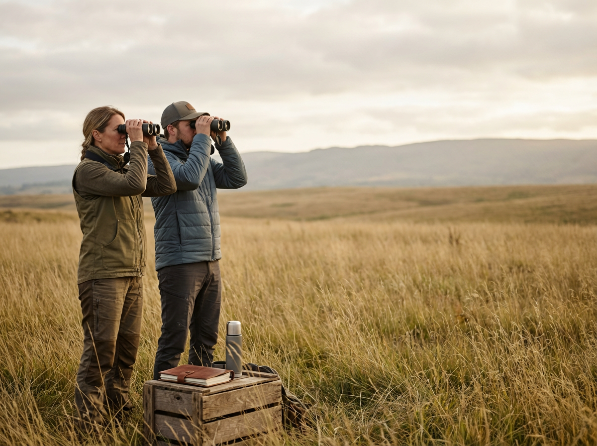 Two hikers using binoculars in a golden grassland with a wooden crate, notebook, and water bottle nearby