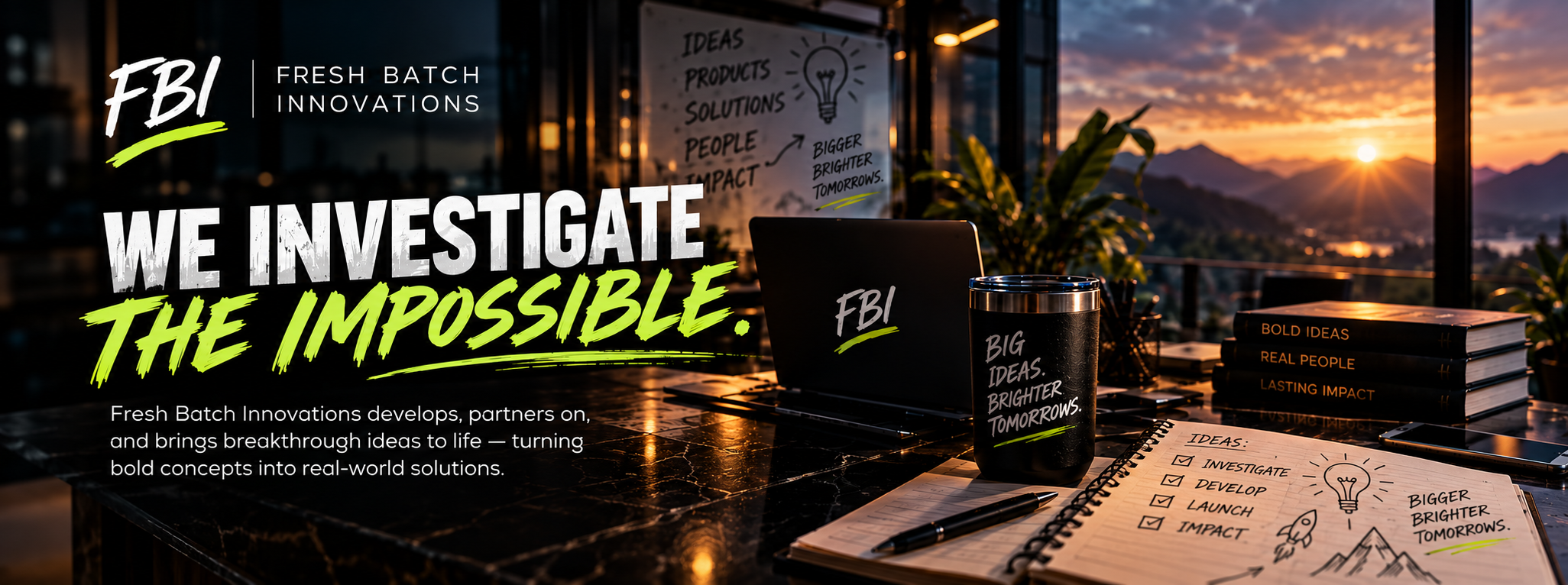 Fresh Batch Innovations branding over a creative workspace with laptop, coffee tumbler, idea notebook, books, sunset mountains, and the message “We investigate the impossible.”