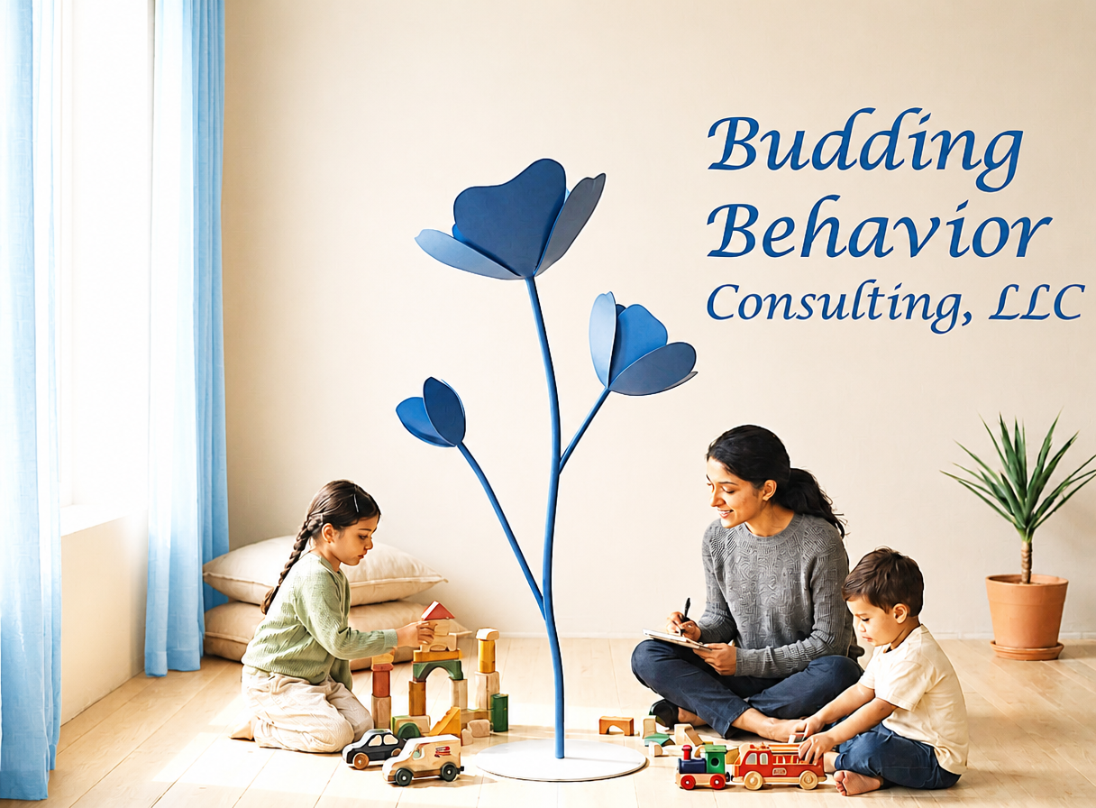 Mother and two children playing with wooden toys beside a blue flower sculpture in a bright room displaying Budding Behavior Consulting, LLC signage