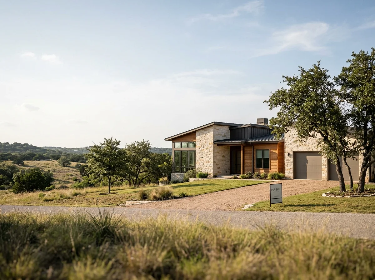 Modern stone home with wide windows in the Texas Hill Country