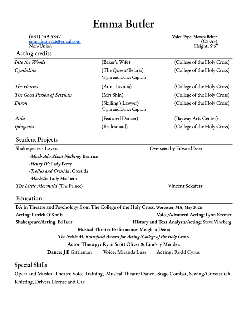 Emma Butler's acting resume with contact info, acting credits, student projects, education, special skills listed.