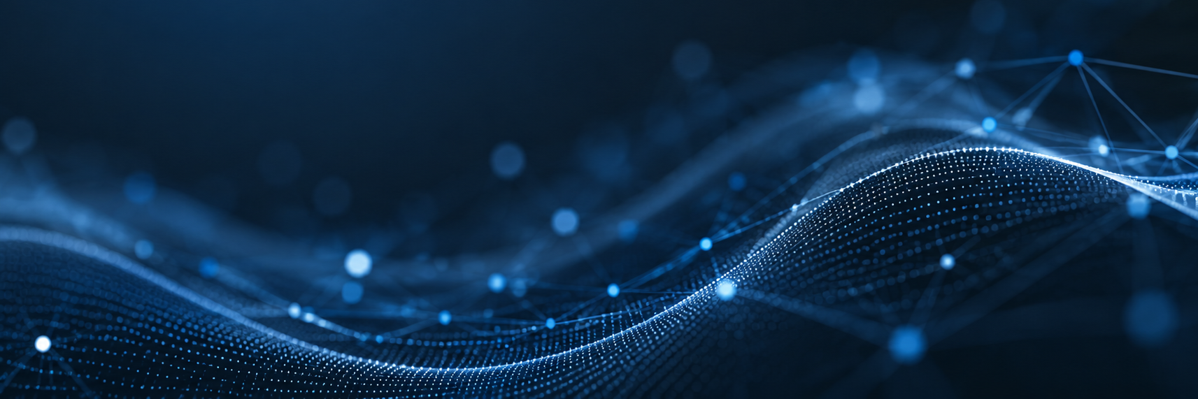 Digital abstract background with blue glowing dots and lines forming waves and connections.