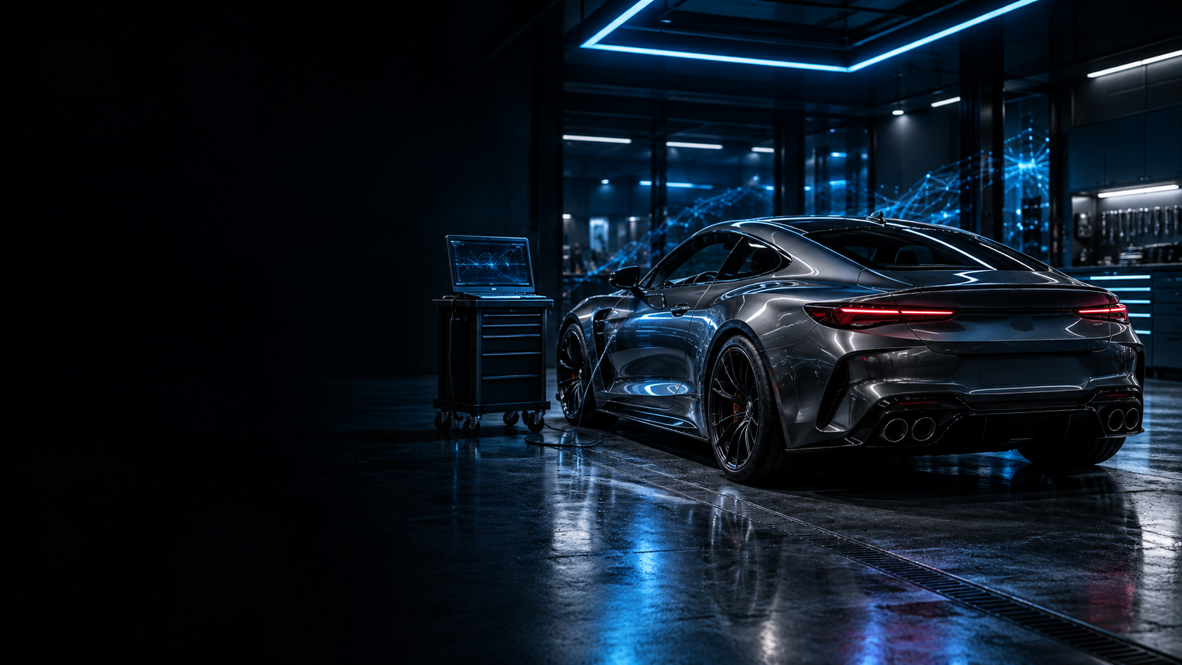 Concept artwork of a sports car in an electric-blue programming studio