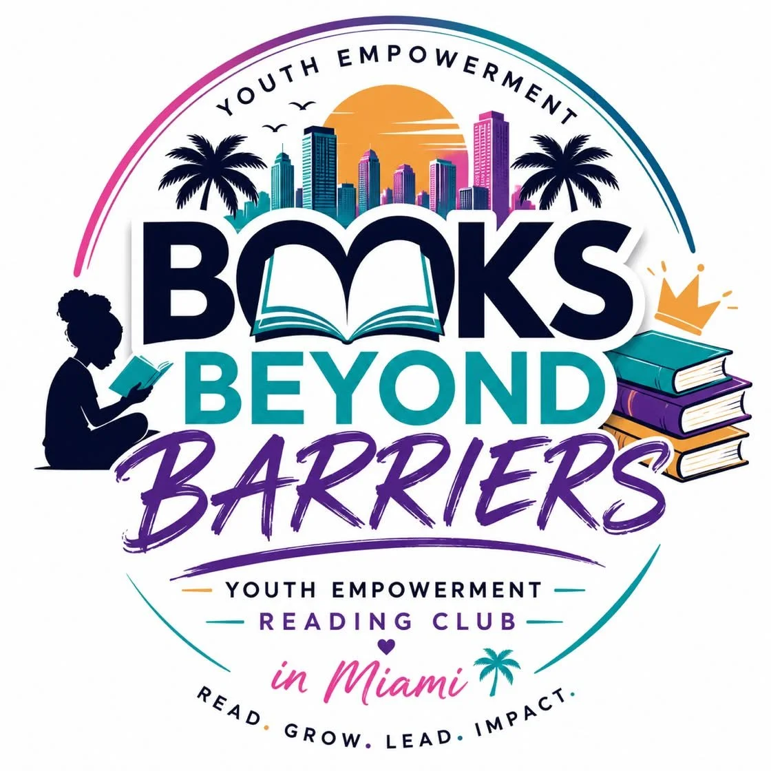 Logo for 'Books Beyond Barriers' youth empowerment reading club in Miami featuring a city skyline, palm trees, a girl reading, and a stack of books.