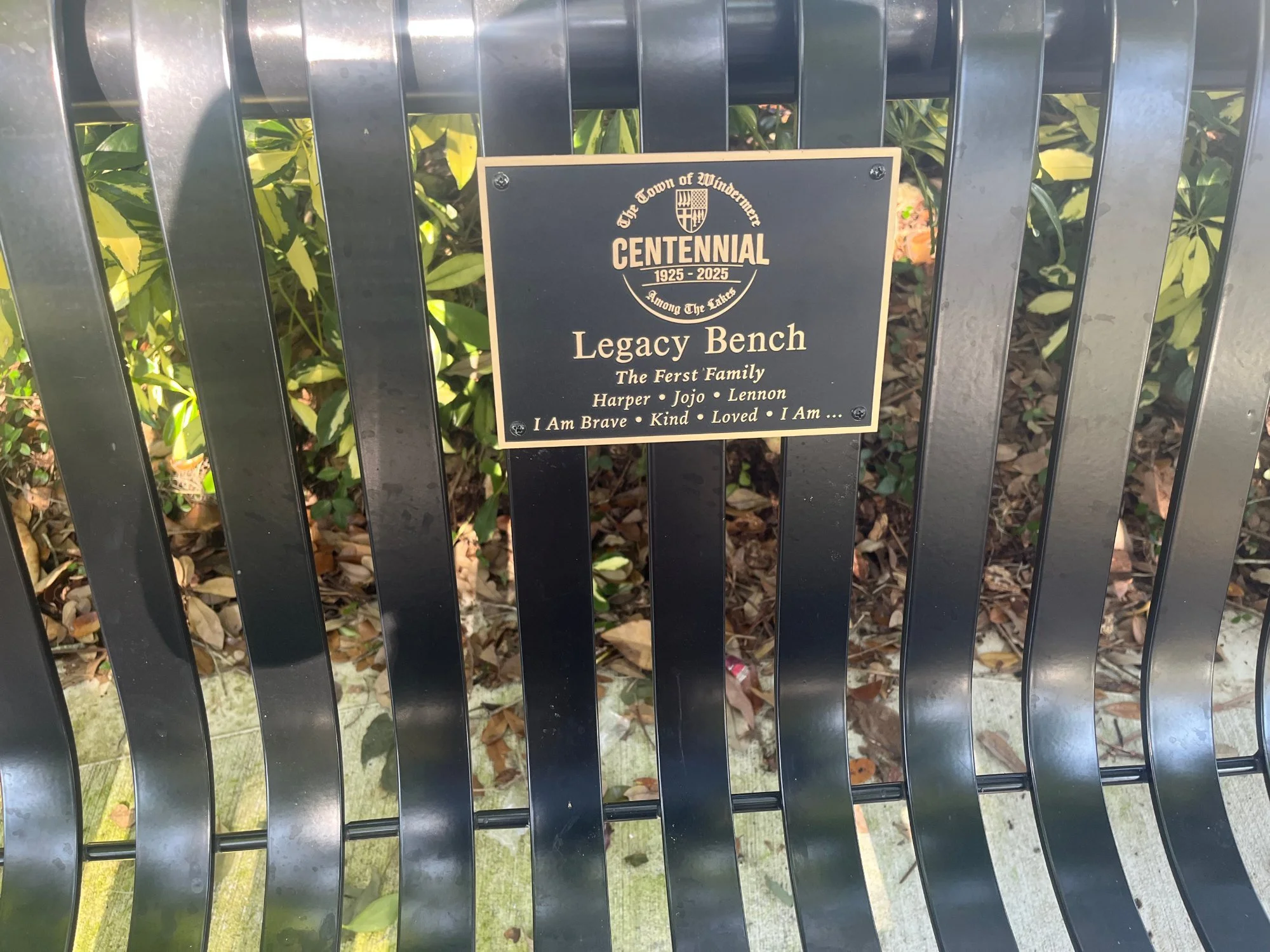 Ferst family Centennial Legacy Bench plaque near the first responders memorial in Windermere