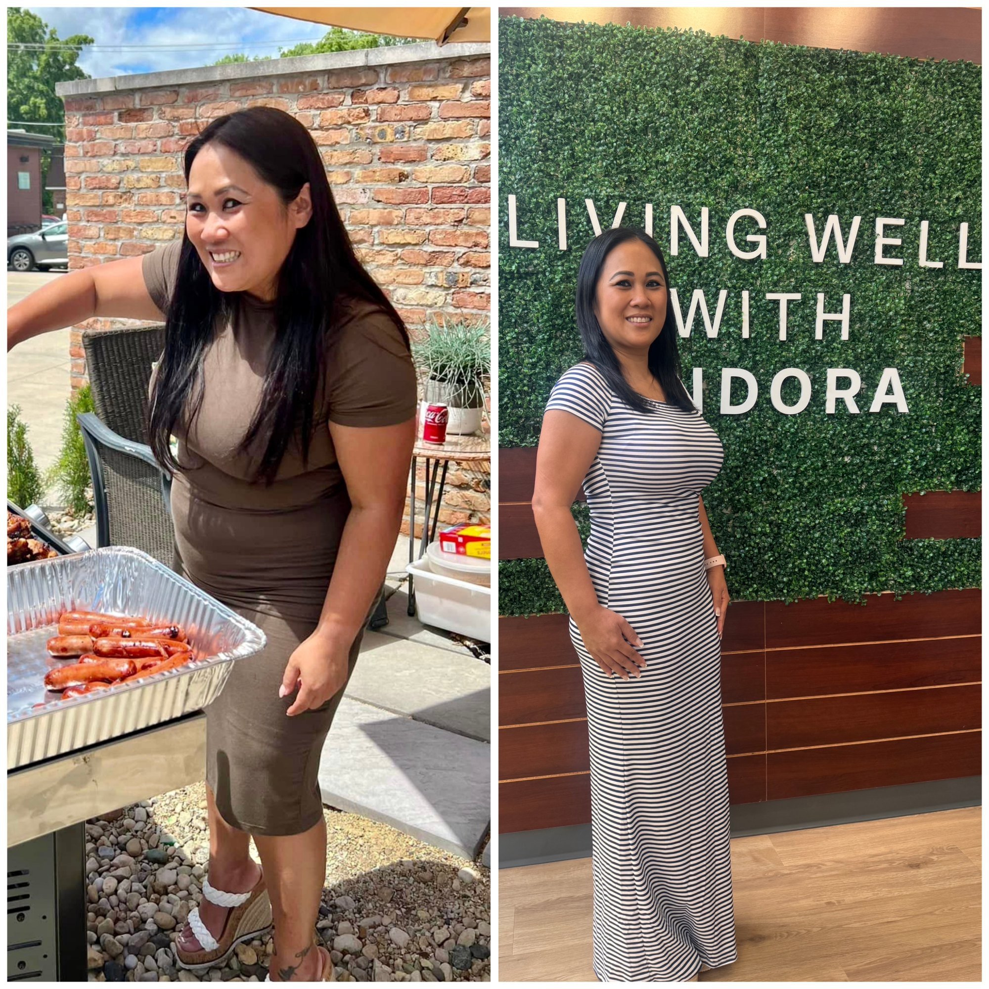Before and after photos of Lindora Windermere client Nakhala, smiling beside the Living Well with Lindora wall
