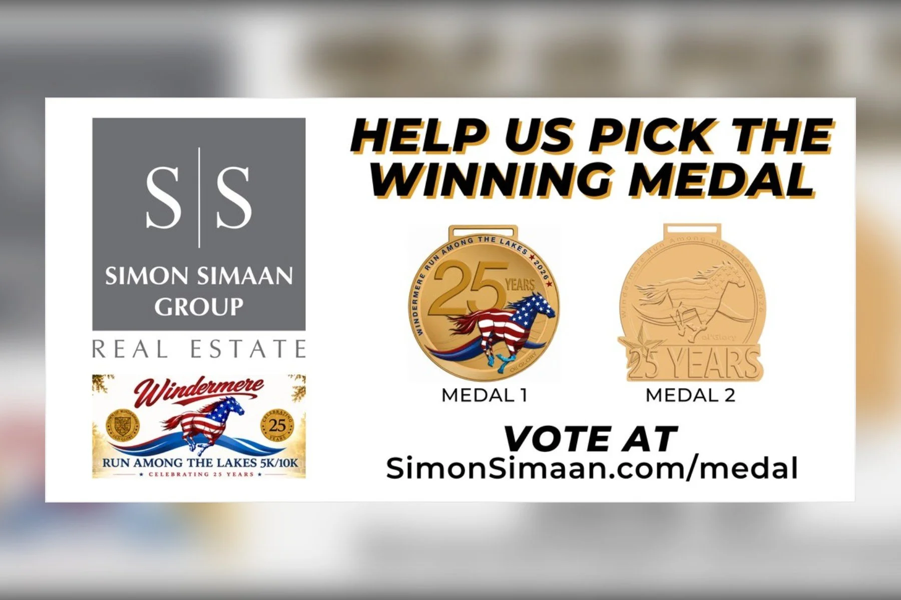 Simon Simaan Group graphic asking runners to pick the winning 2026 Windermere Run Among the Lakes medal