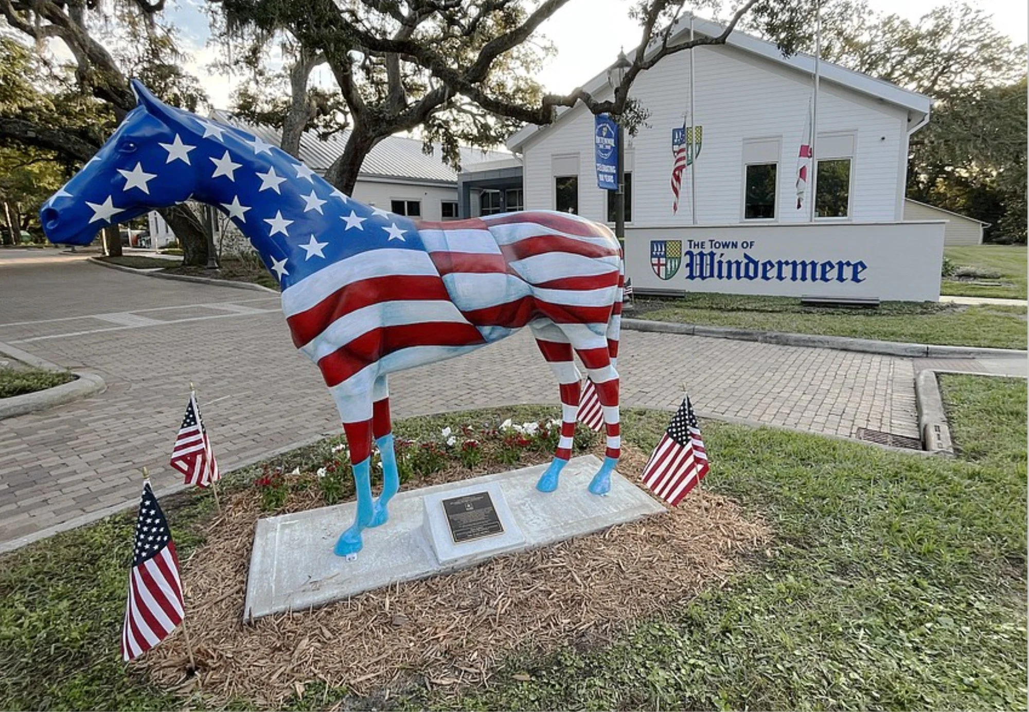 Old Glory patriotic horse statue in Windermere's town square, a memorial to 1st Lt. Evan Patrick Fitzgibbon