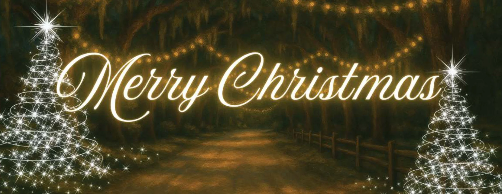 Merry Christmas over a lantern-lit oak road in Windermere, from The Real Estate Collection
