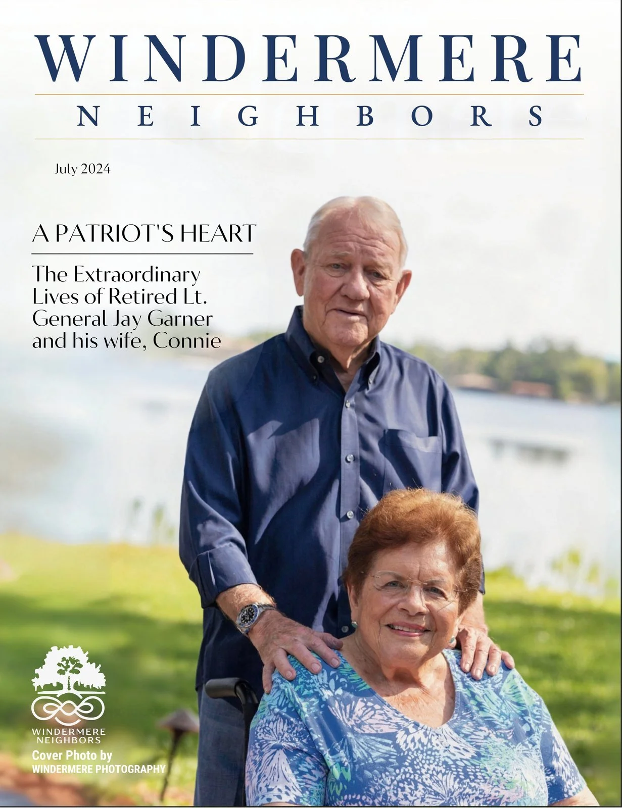 Windermere Neighbors cover, July 2024: A Patriot's Heart, Retired Lt. General Jay Garner and his wife, Connie