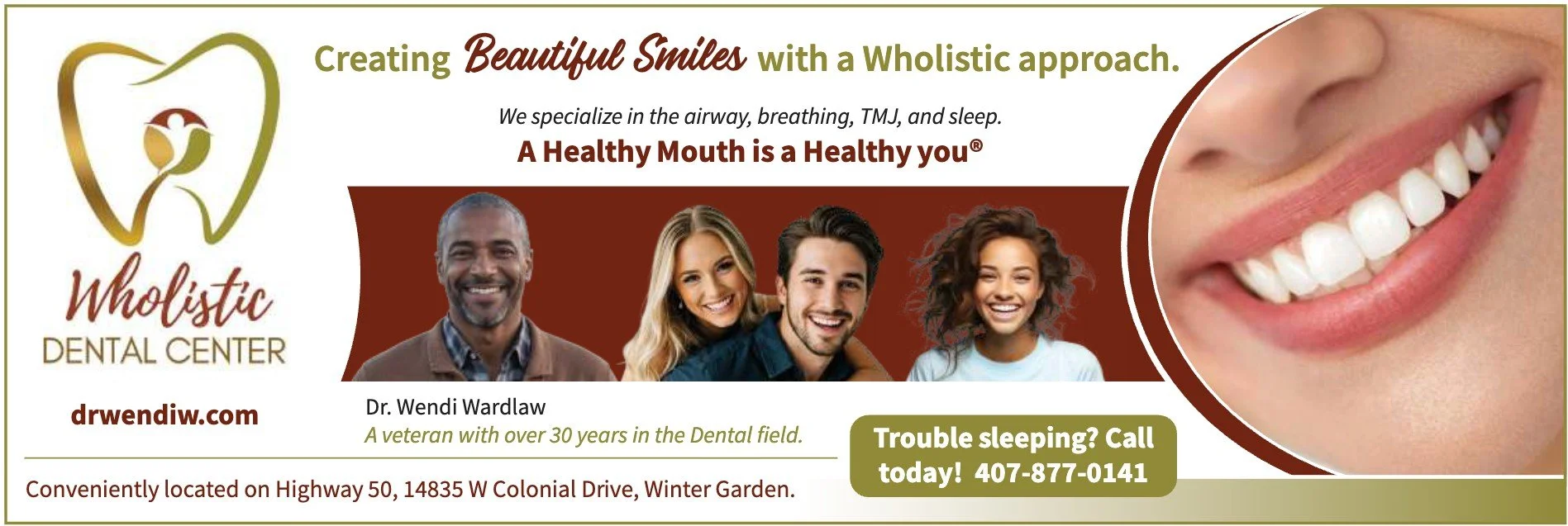 Wholistic Dental Center ad featuring Dr. Wendi Wardlaw, Highway 50 in Winter Garden