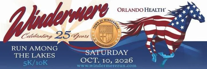 Windermere Run Among the Lakes 25th anniversary race logo, Saturday, Oct. 10, 2026, presented by Orlando Health