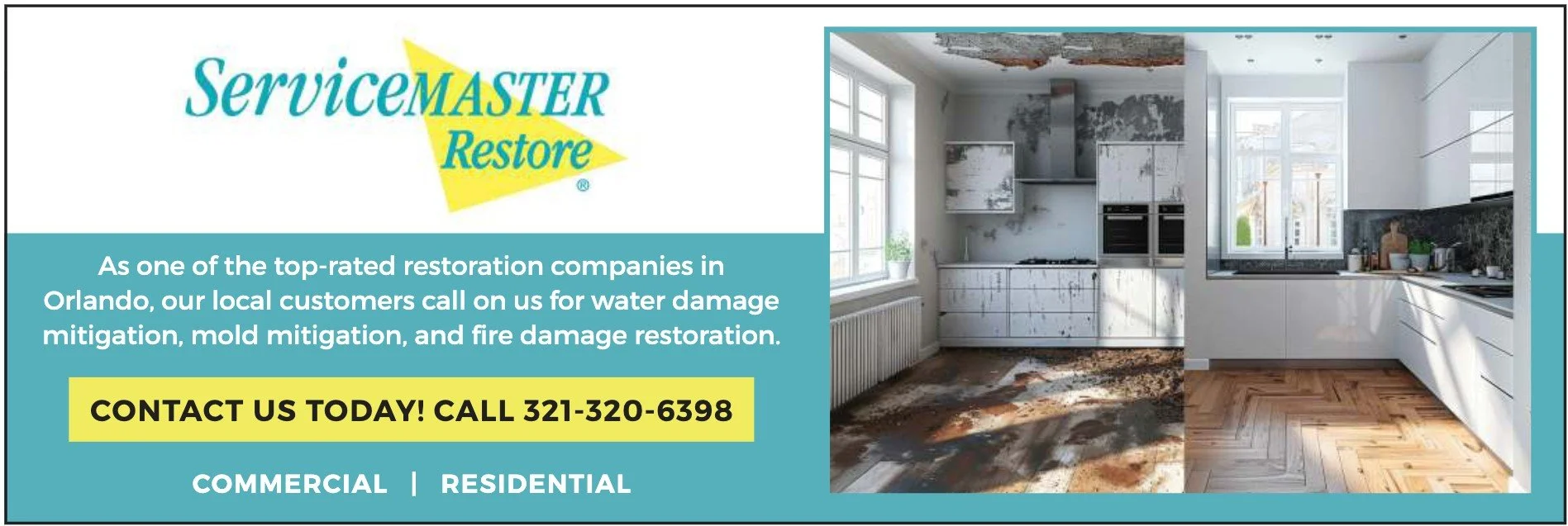 ServiceMaster Restore ad for water damage, mold mitigation and fire damage restoration in Orlando