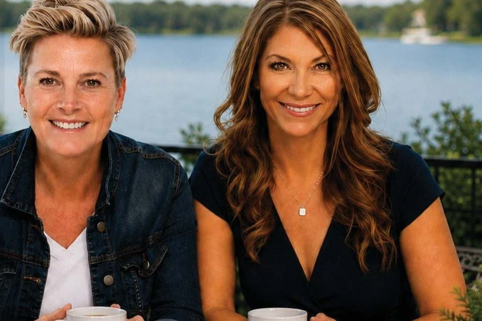 Kari Fleck of The Real Estate Collection and René Taubensee of On Q Home Loans with coffee by the lake