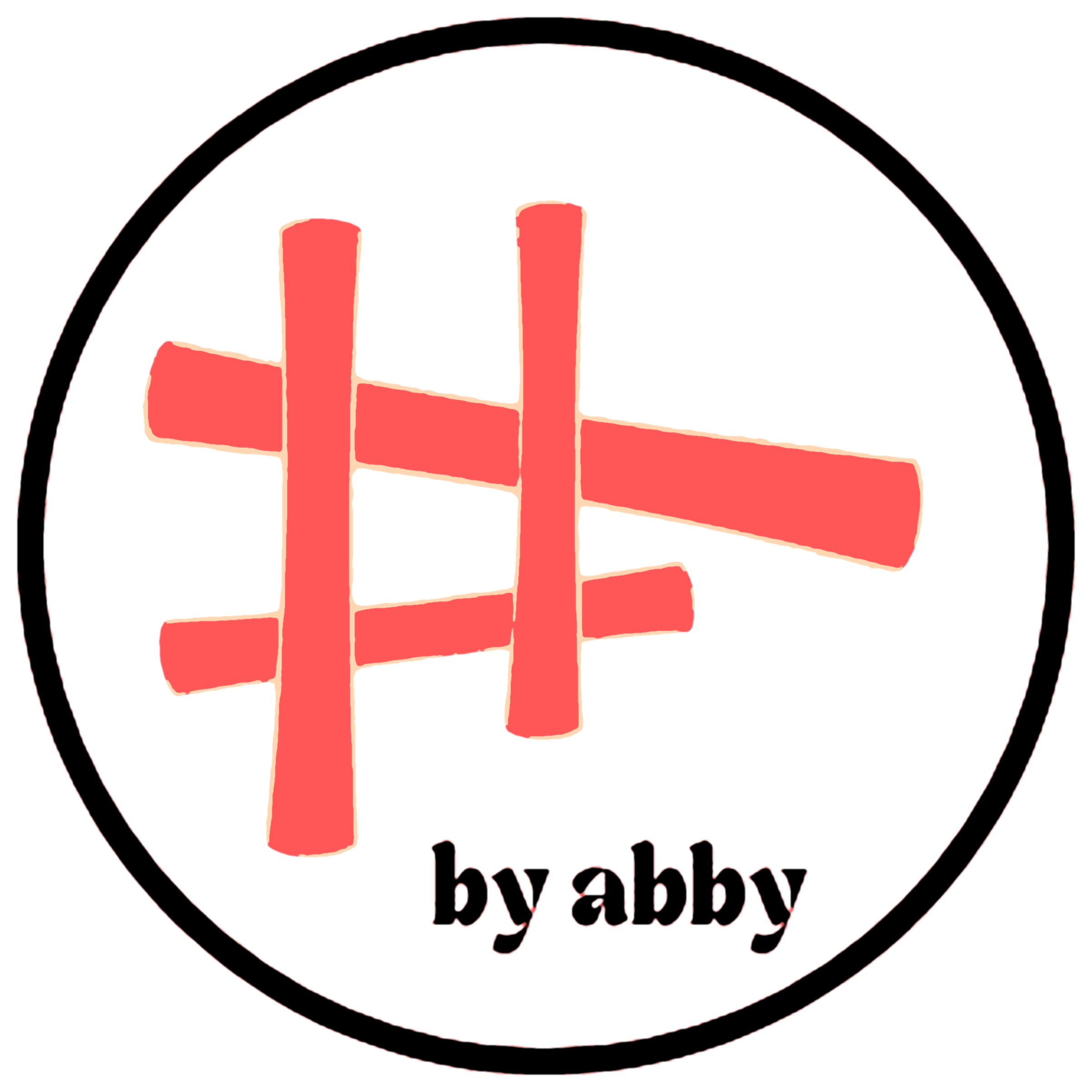 Stylized red and white circular graphic with a stylized stitch pattern illustration and the words “by abby.”