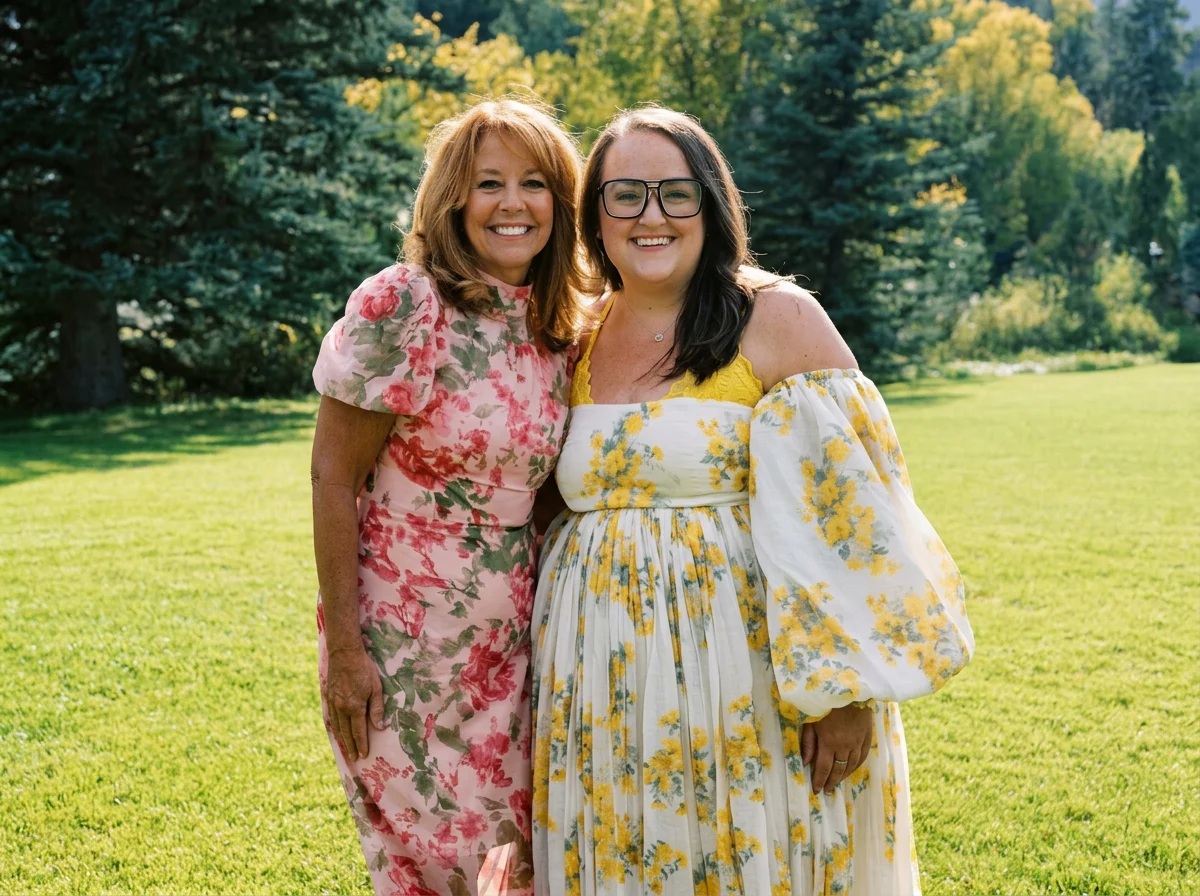 Two smiling women in floral dresses pose together on a sunny lawn surrounded by trees.