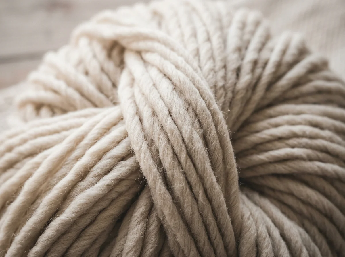 Close-up of cream-colored twisted yarn strands