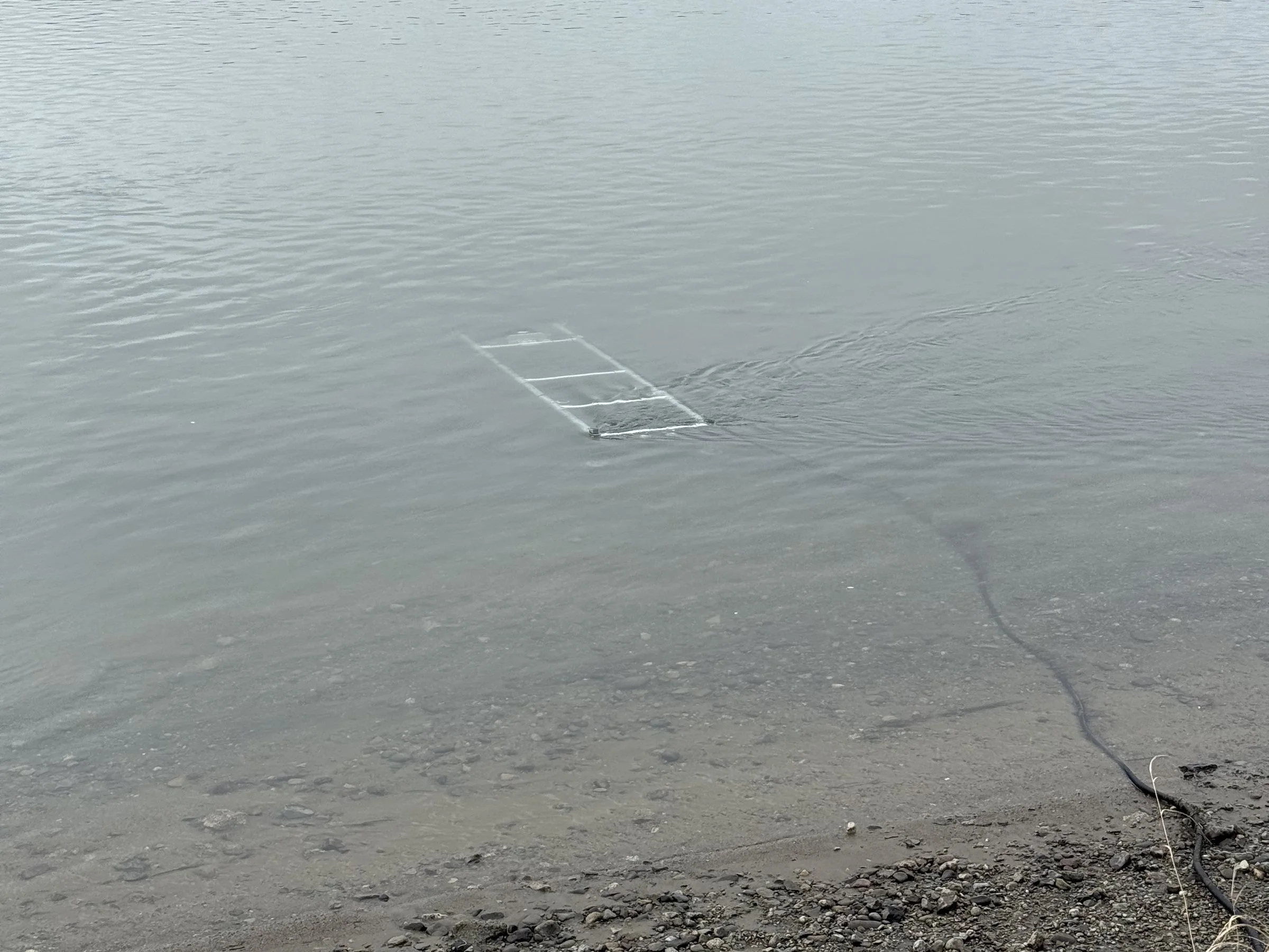 The sonar mount in the Naknek River, with its cable running to shore.