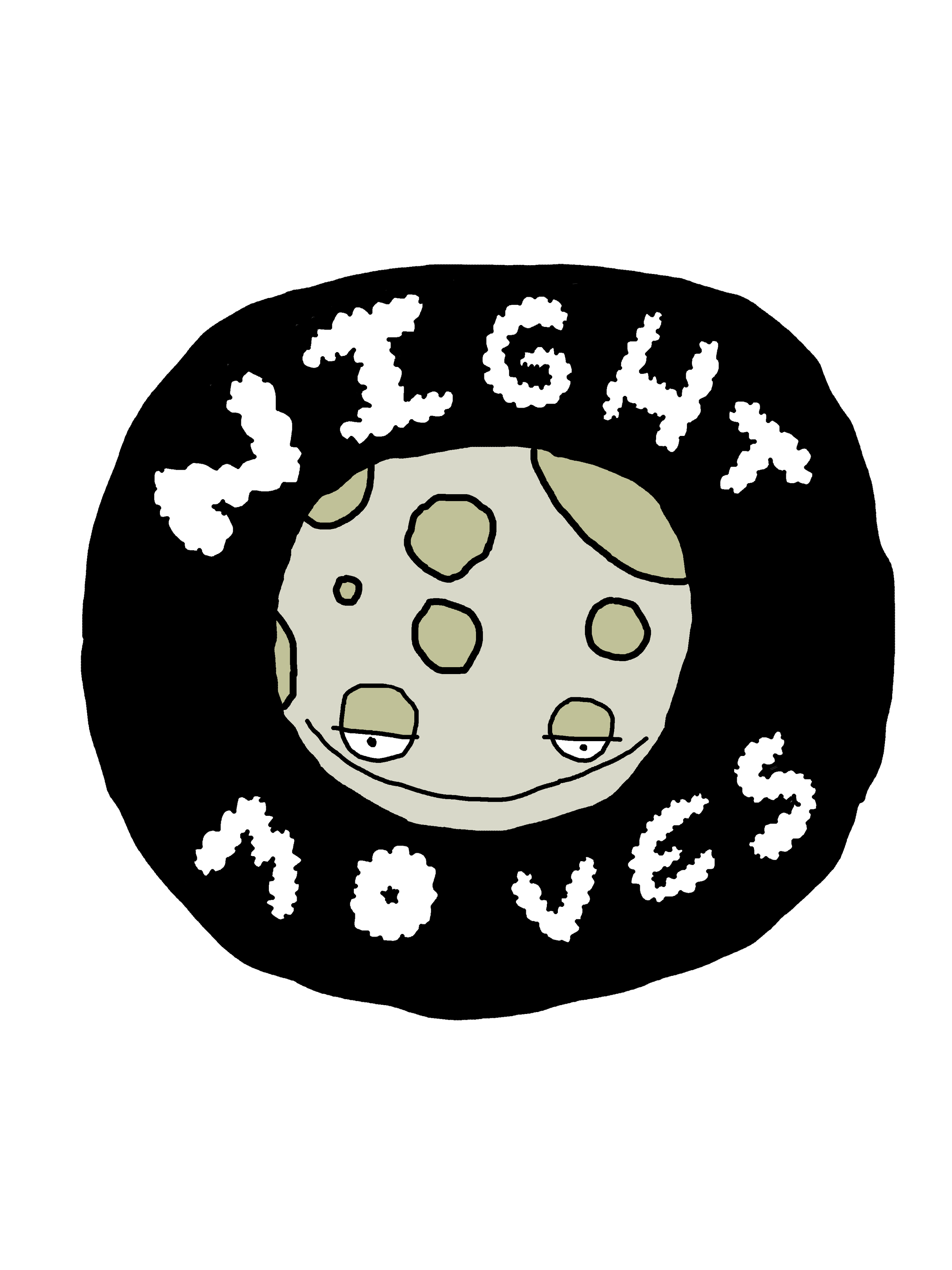 Drawing of a cartoonish alien with a large head, small body, and bald head with freckles, surrounded by scattered the words 'Eat', 'Alien', and 'Cookies' on a black background.