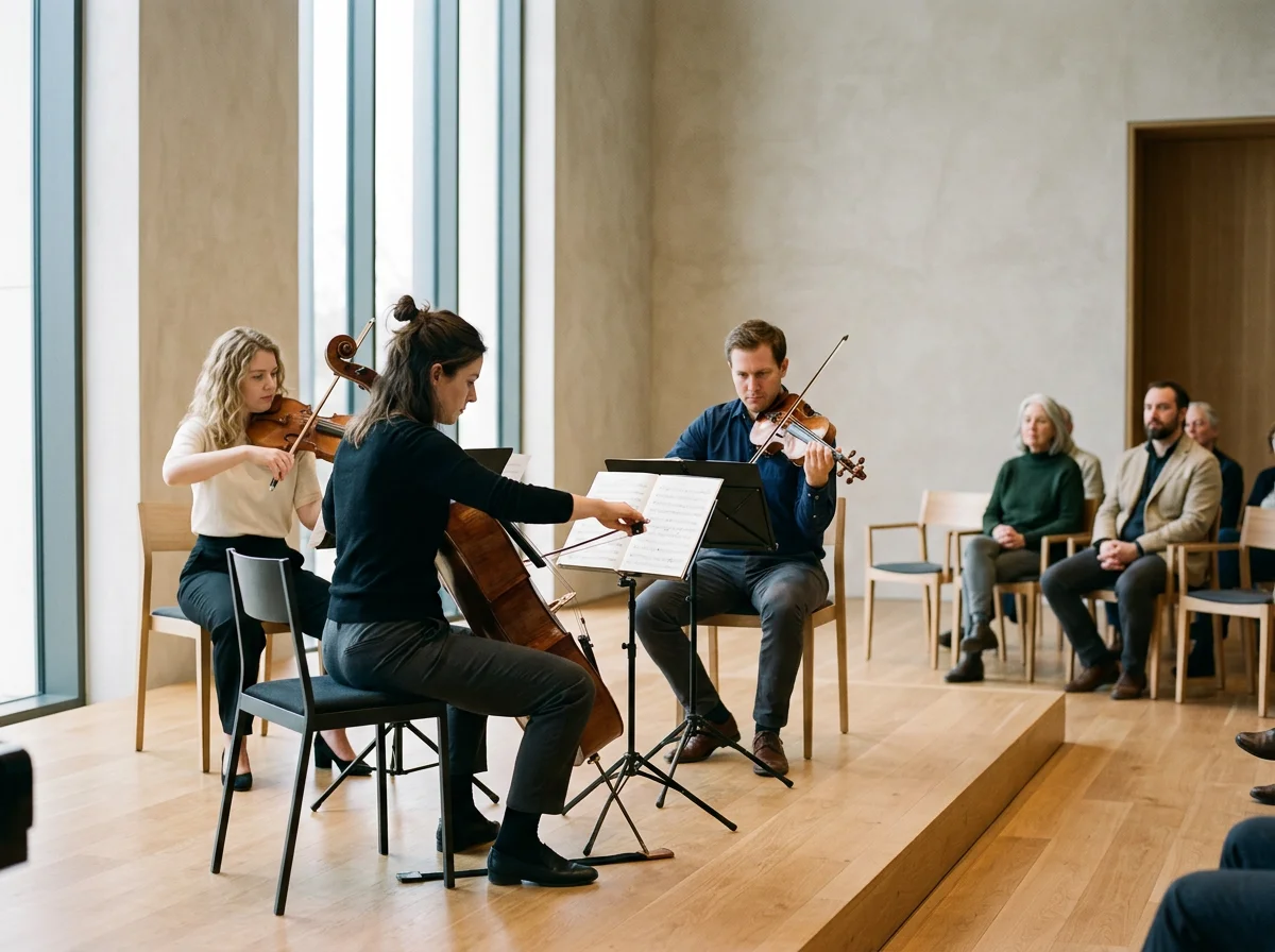 String quartet performing indoors while an audience watches