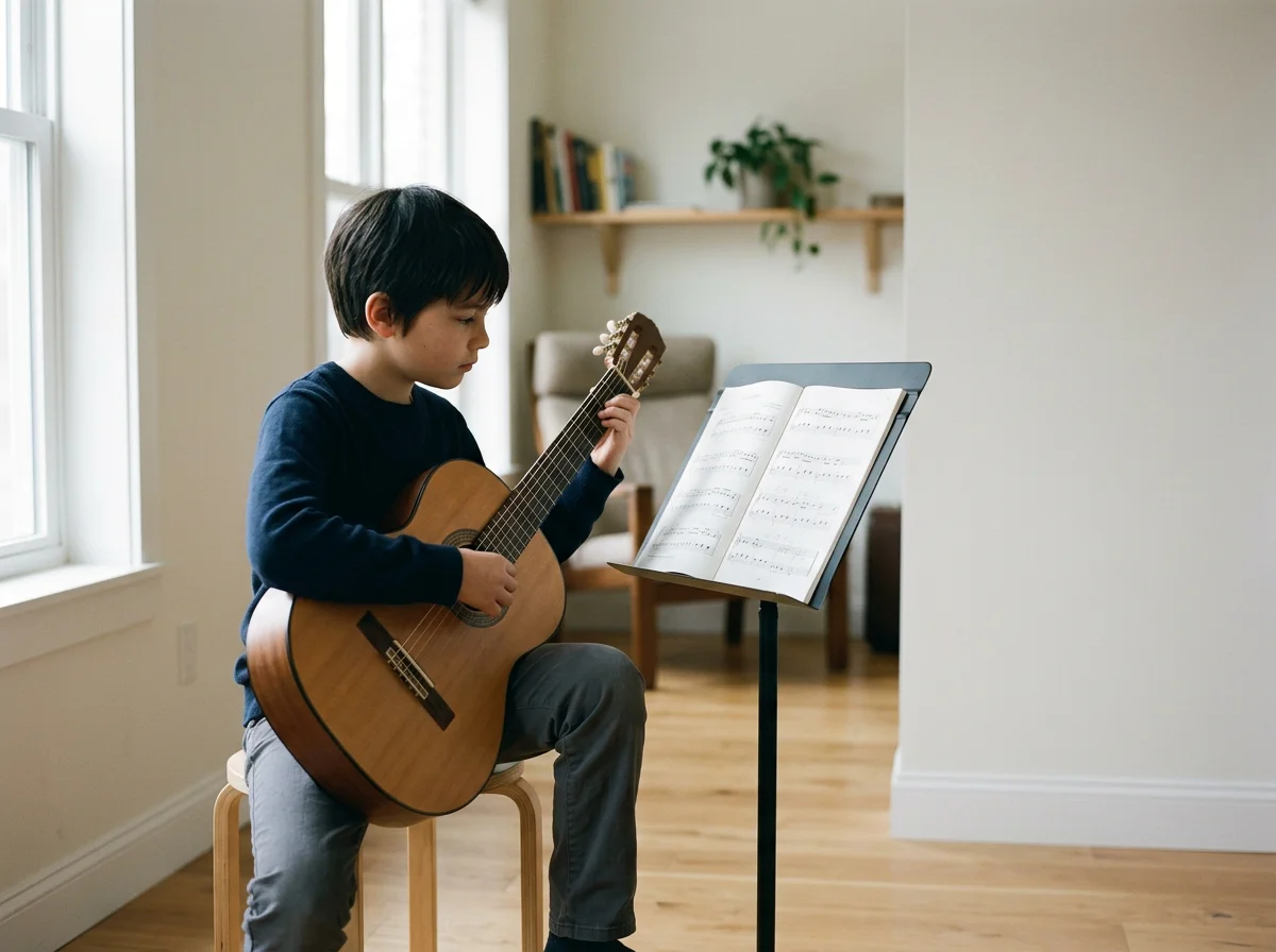 Boy playing classical guitar while reading sheet music at home