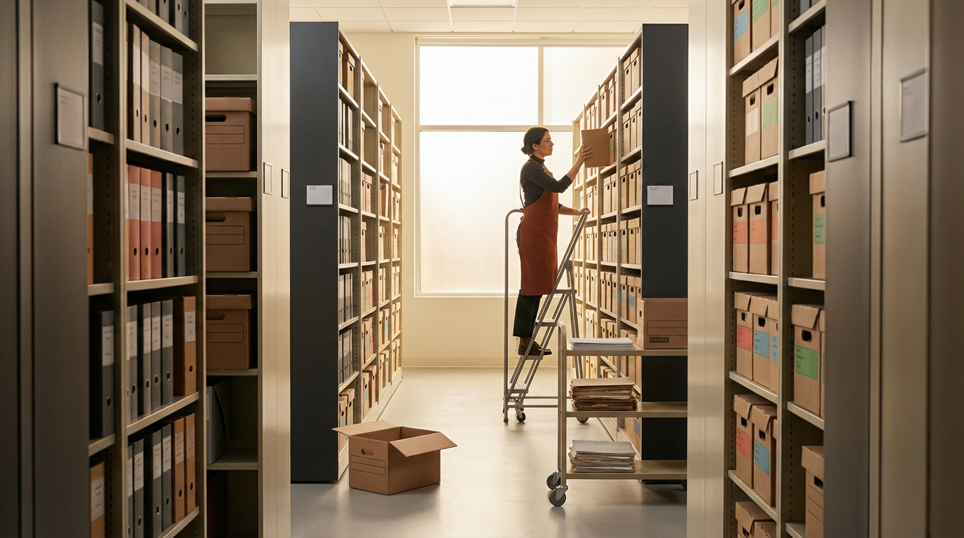 A person wearing an apron is standing on a small rolling ladder, organizing boxes on tall storage shelves in a well-lit archive or library storage room.